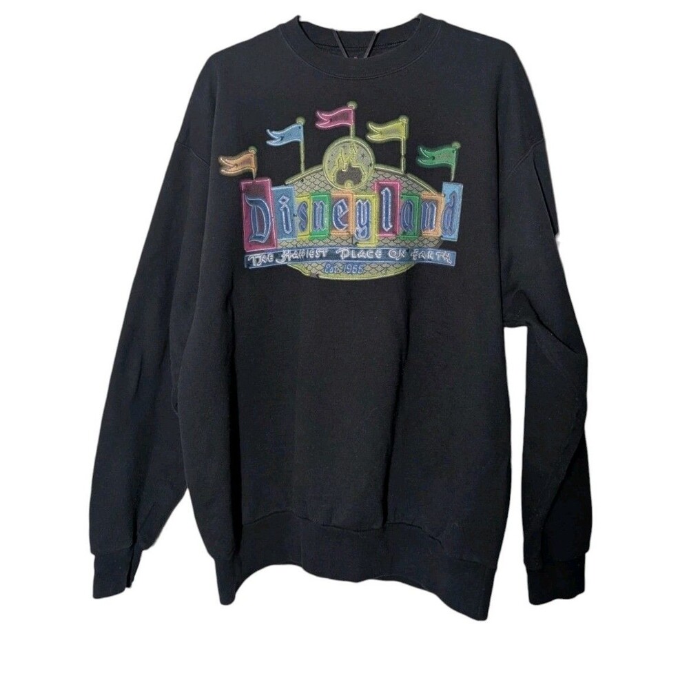 Disney Disneyland Sweatshirt Mens Large Black Rainbow Neon Retro Y2K Crewneck